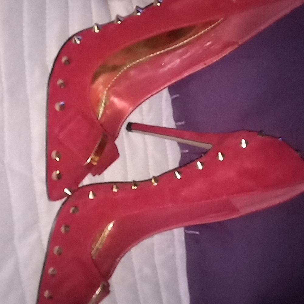 Red suede gold spiked pump